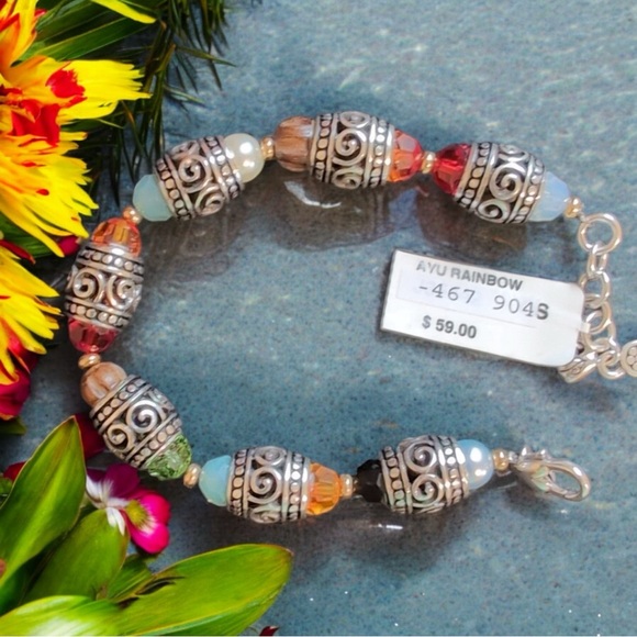 Brighton Jewelry - Brighton Ayu Rainbow Multi-Color Crystals Beads Wood Scroll Retired Bracelet NWT